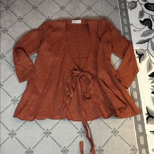 Love and Confuse Elegant Rust Women's Linen Tie-Front Blouse